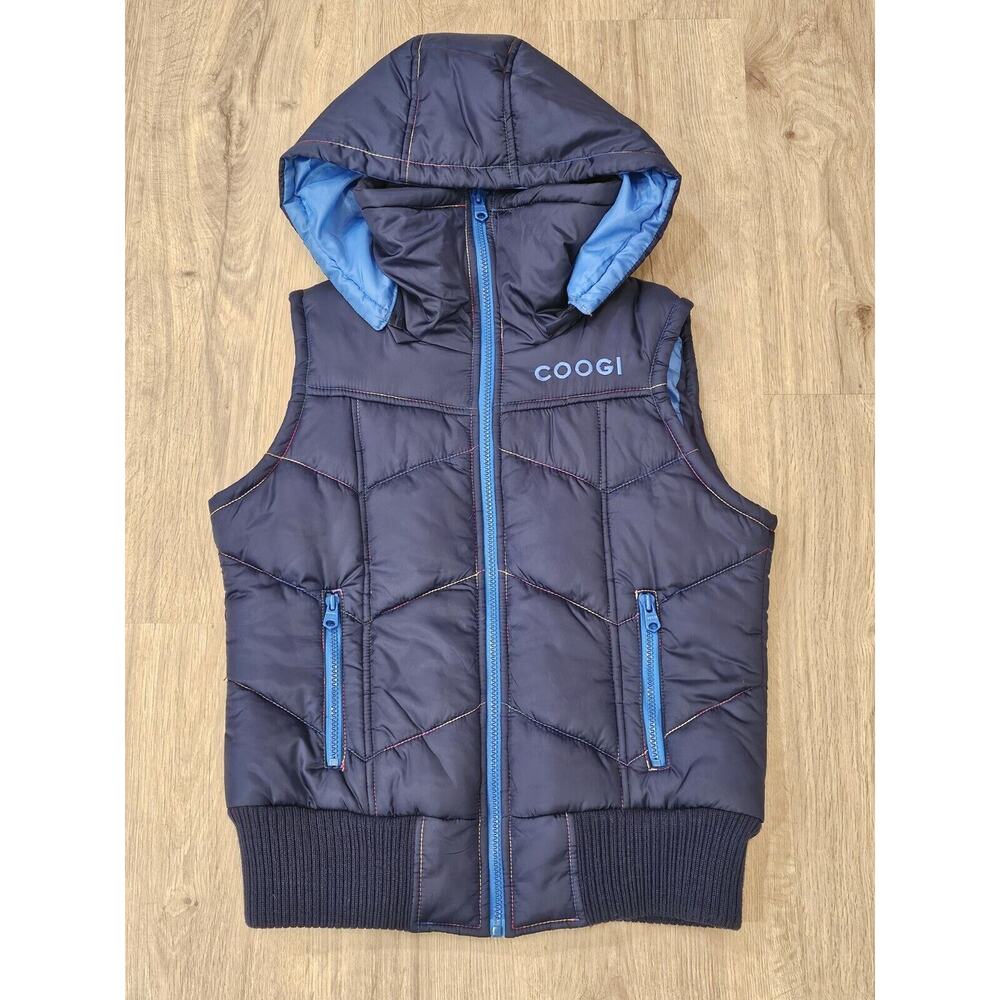 Vintage 90s Y2K COOGI Quilted Hooded Vest Rainbow Stitching Womens M Navy Blue